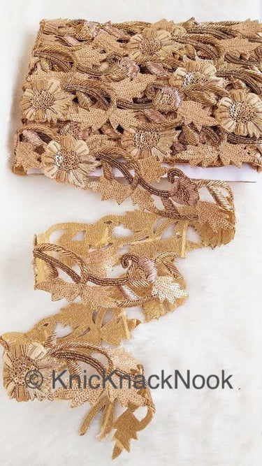 Cutwork Lace Trim Hand Embroidered In Brown & Gold Flowers Zardozi Embroidery, Gold Sequins and Gold Beads, Floral Trim